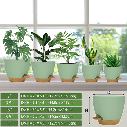 Self Watering Planters with Drainage Holes Reservoir,Nursery Planting Pot for Indoor Decor Garden Plants Succulents,Snake Plant, African Violet,Plastic Flower Pots Set 7+6.5+6+5.5+5 Inch (Green)