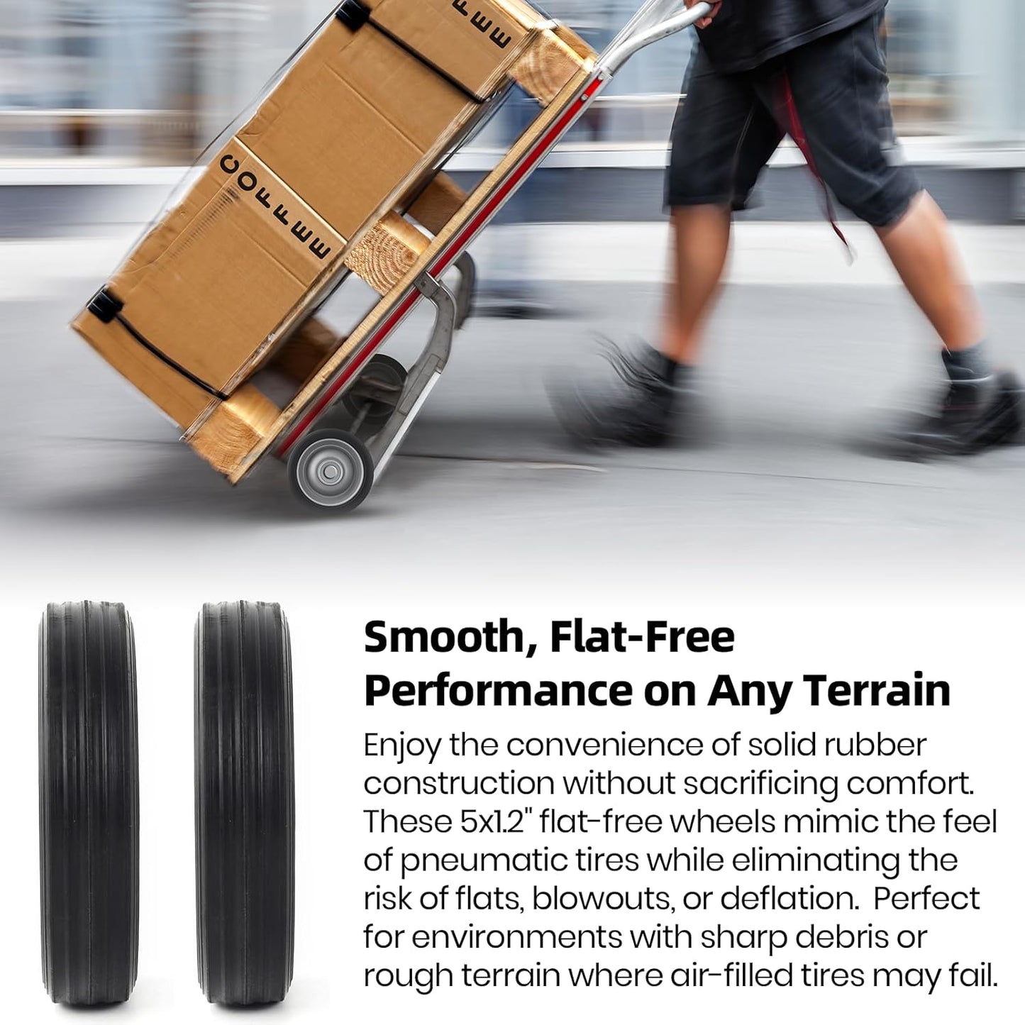 AR-PRO (2-Pack) 5" x 1.2" Flat Free Solid Rubber Wheel Assemblies - Replacement Hand Truck Wheels with Ball Bearings and 1/2" Bore Hole Diameter - Heavy-Duty Solid Rubber Tire 88 lbs Load Capacity