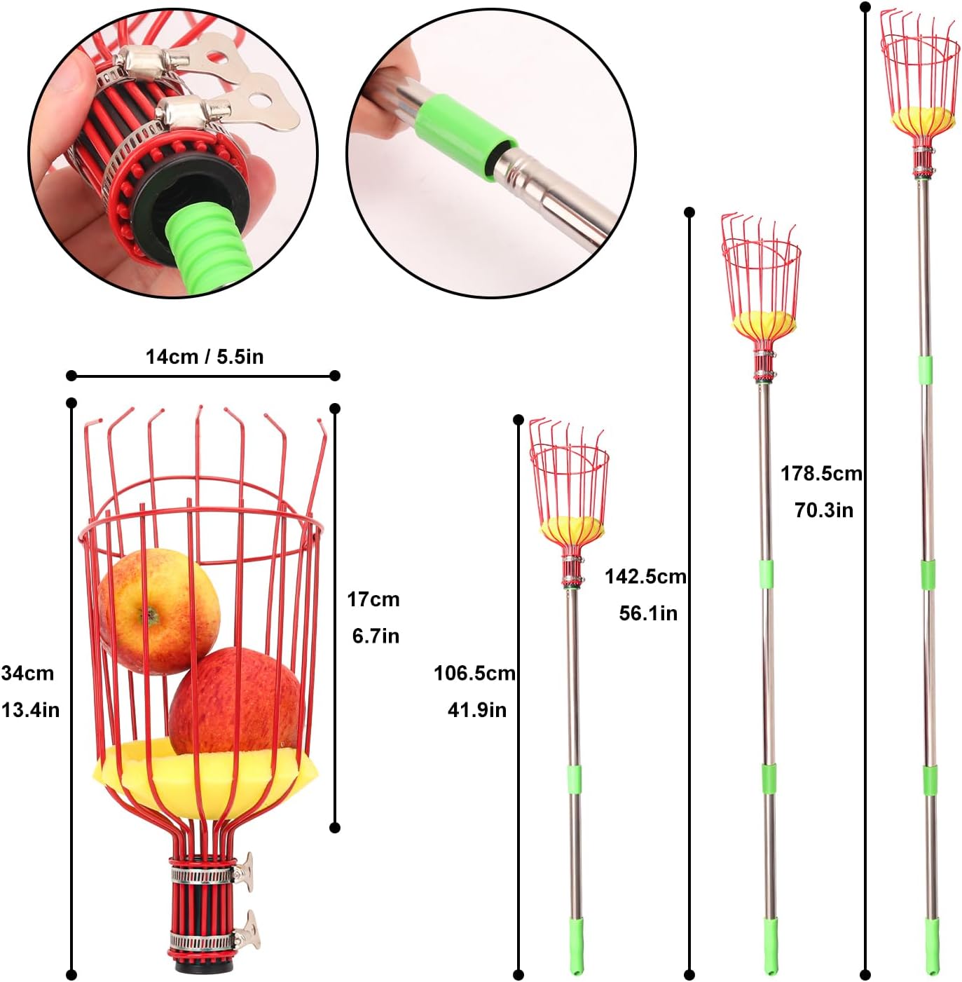2 PCS Adjustable Fruit Picker Tool, 5.3 Feet Fruit Picker with Telescoping Basket & Pole, Ideal for Orange Picking, Cherry Picking & More