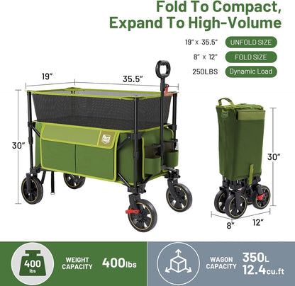 TIMBER RIDGE 350L Extra Large Collapsible Folding Wagon Carts with Brake, Heavy Duty Outdoor Camping Utility Wagons with Extended Height, Adjustable Handle, Cup Holders, Side Bag(Green)
