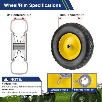 MaxAuto Wheelbarrow Tires 4.80 4.00-8 Flat-Free Tire and Wheel 16 Inch Solid Tires w/Grease Fitting, 3" Centered Hub, 3/4" Bearings, 4.80 4.00-8 Tire for Hand Truck Trolley Garden Cart Wagon, Yellow