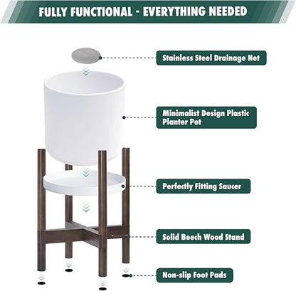 D'vine Dev Planter Pot with Stand - 10 Inch Plastic Cylinder Flower Pot with Wood Planter Holder for Indoor, Matte White Pot + Walnut Color Stand, 55-C-L-1