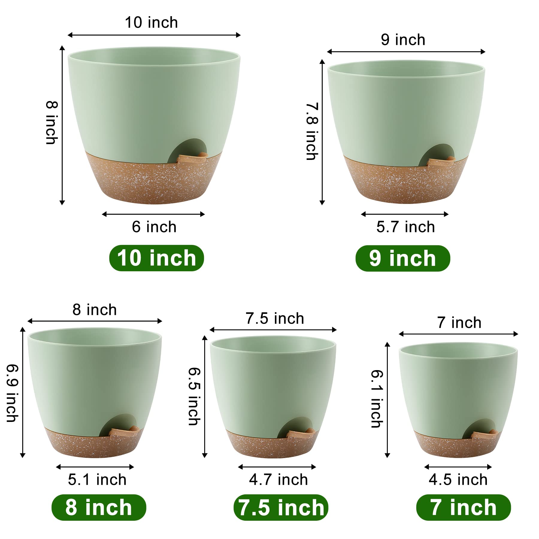 QRRICA Plant Pots 10/9/8/7.5/7 Inch Self Watering Pots, Set of 5 Plastic Planters with Drainage