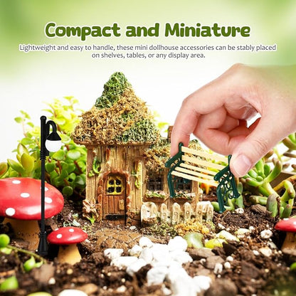 Toyvian Dollhouse Miniature Park Bench Miniature Garden Chair Seat Props Fairy Garden Bench with Mini Street Lamp Post Light Decor for Dollhouses Decoration Garden Ornaments