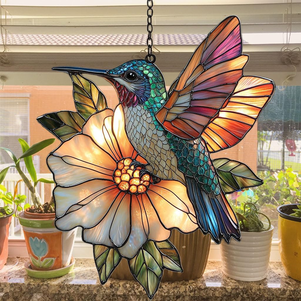 Hummingbird Mosaic Style Acrylic Suncatcher Stained Glass Effect Window Car Hanging Christmas Ornament Indoor Outdoor Decor Garden Sun Catcher Panel for Hummingbird Lover for Women Mom Grandma