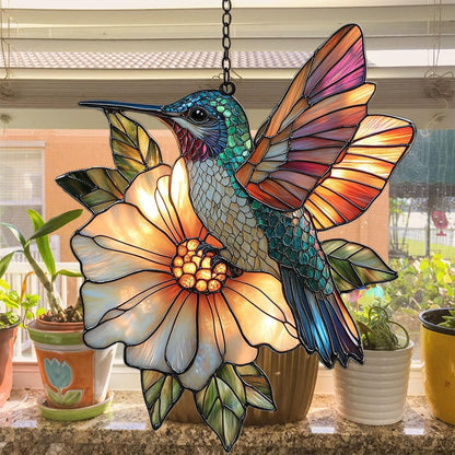 Hummingbird Mosaic Style Acrylic Suncatcher Stained Glass Effect Window Car Hanging Christmas Ornament Indoor Outdoor Decor Garden Sun Catcher Panel for Hummingbird Lover for Women Mom Grandma
