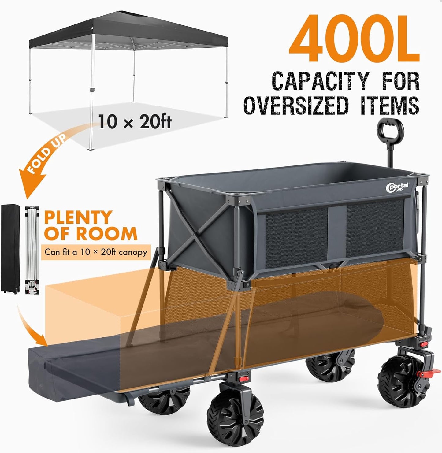 Portal Collapsible Large Double Decker Wagon with Brakes, 660lb Foldable Heavy Duty Utility Wagon Cart, 400L All-Terrain Big Wheels & 54" Extra Long Extender for Sports, Camping & Outdoor Use