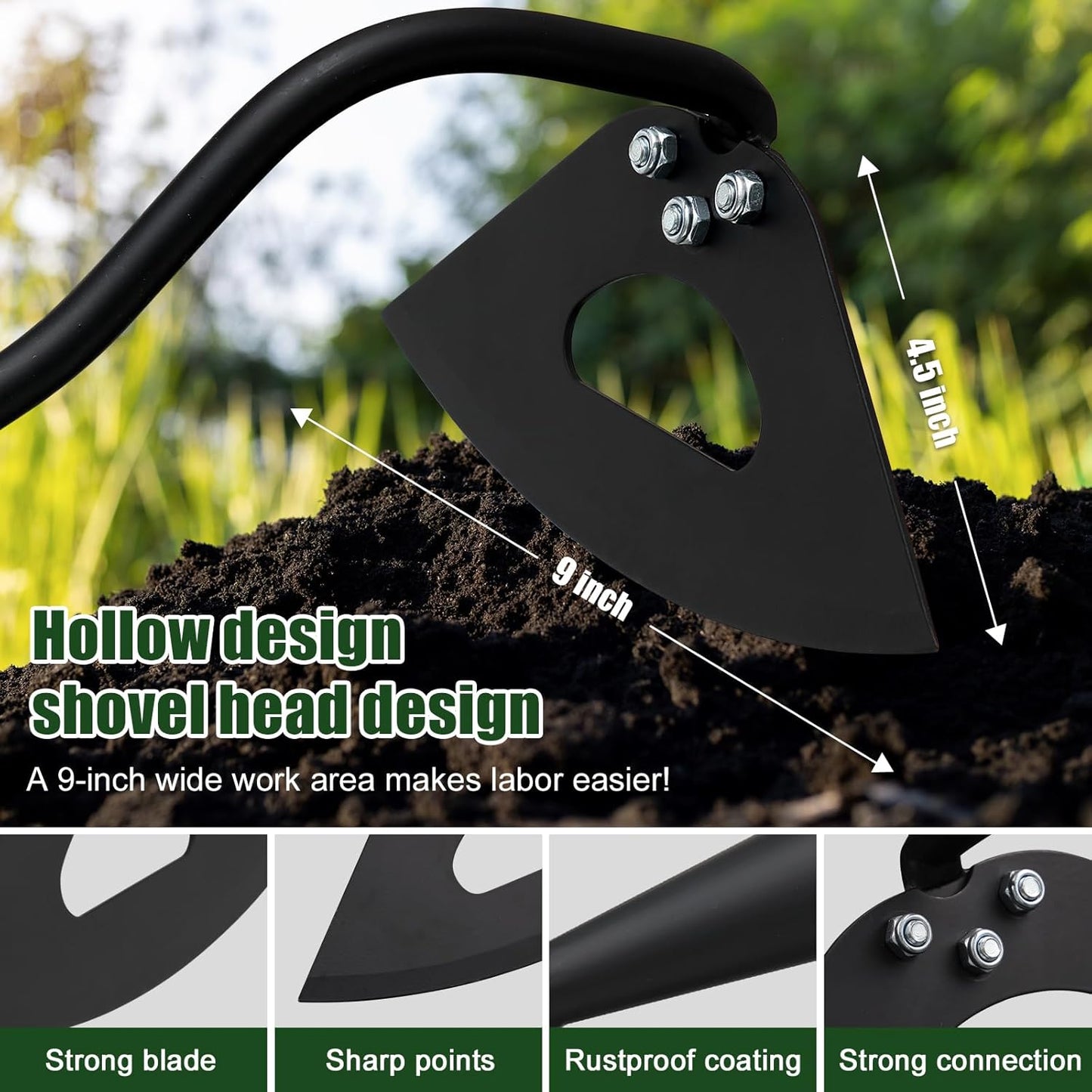 Hardened Hollow Hoe with Long Handle 48 inch Heavy Duty Garden Hoe Tool - Ergonomic Weeding Tool for Lawn, Yard & Farm, Rust-Resistant Steel with Comfort Grip, Easy Adjust & Storage