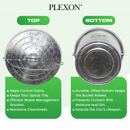 Plexon 6 Gallon Outdoor Trash Can with Lid Galvanized Metal Bucket with Locking Lid for Poultry Feed Bird Seed Storage Ash Small Garbage Can, 6 Pack