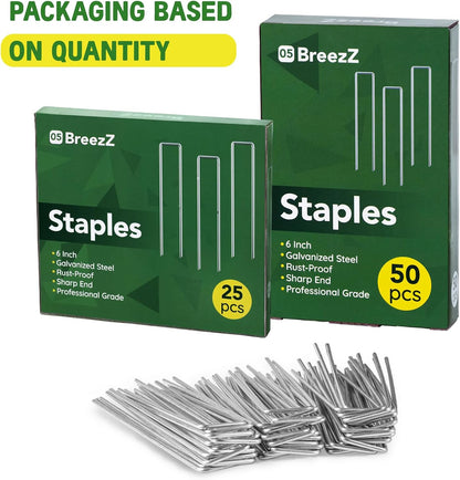 Breezz 50 Pack Garden Staples 6 Inch 12 Gauge Galvanized Pins, Heavy-Duty Ground Stakes for Weed Barrier, Irrigation Tubing, Yard Fabric, Halloween & Christmas Decoration Anchoring