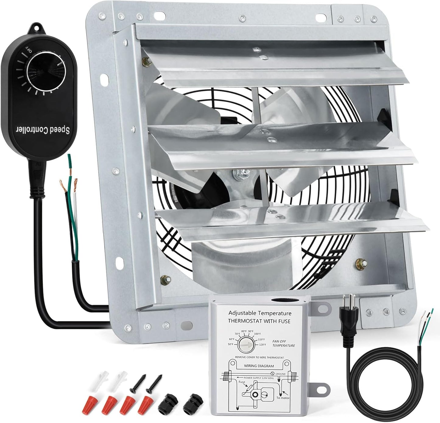 Criditpid 12 Inch Shutter Exhaust Fan, 970 CFM Wall Mounted Fan, Attic Vent Fan with Speed Controller and Thermostat for Greenhouse, Garages, Warehouse, Shed, Basement, Chicken Coops Ventilation.