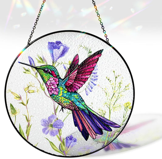 7.8" Hummingbird Stained Glass Suncatcher, Bird Suncatcher for Window Hanging, Art Decor for Home