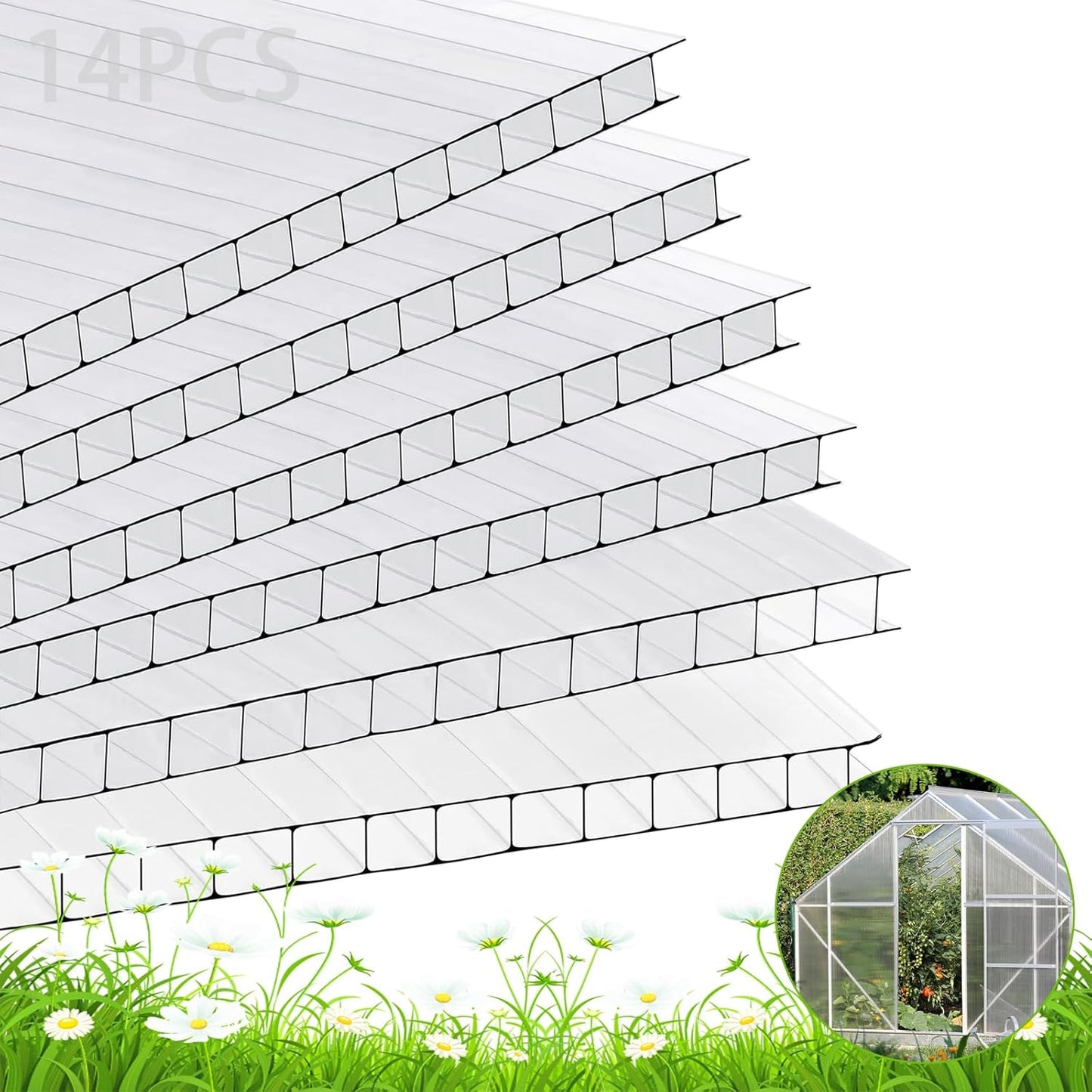 Polycarbonate Greenhouse Panels, Twin-Wall Polycarbonate Sheet, Clear Panels for Greenhouse,Outdoor Garden, Plant Stand Roof (47.2''H x 23.6''W x 0.32" T, 14)
