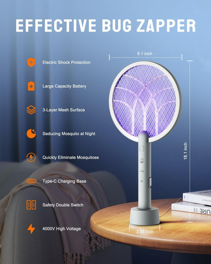 Electric Fly Swatter Racket, Mosiller 2 in 1 Smart Bug Zapper & Power Take Off Generators with USB Rechargeable Base, Powerful Mosquitoes Trap Lamp & Fly Killer for Home, Bedroom(Light Grey（2 Pack）)
