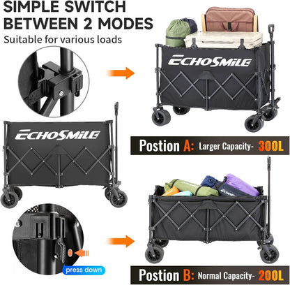 EchoSmile Collapsible Foldable Extended Wagon with 500lbs Weight Capacity, 300L Folding Utility Wagon Cart with Big All-Terrain Wheels for Beach,Sport,Gargen&Grocery,Black
