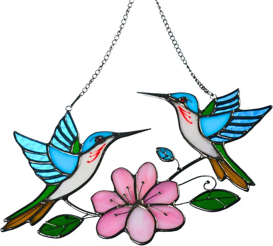 Stained Glass Window Hanging, Duo-Humming Bird Style, Colorful Sun Catcher Panel for Indoor/Outdoor