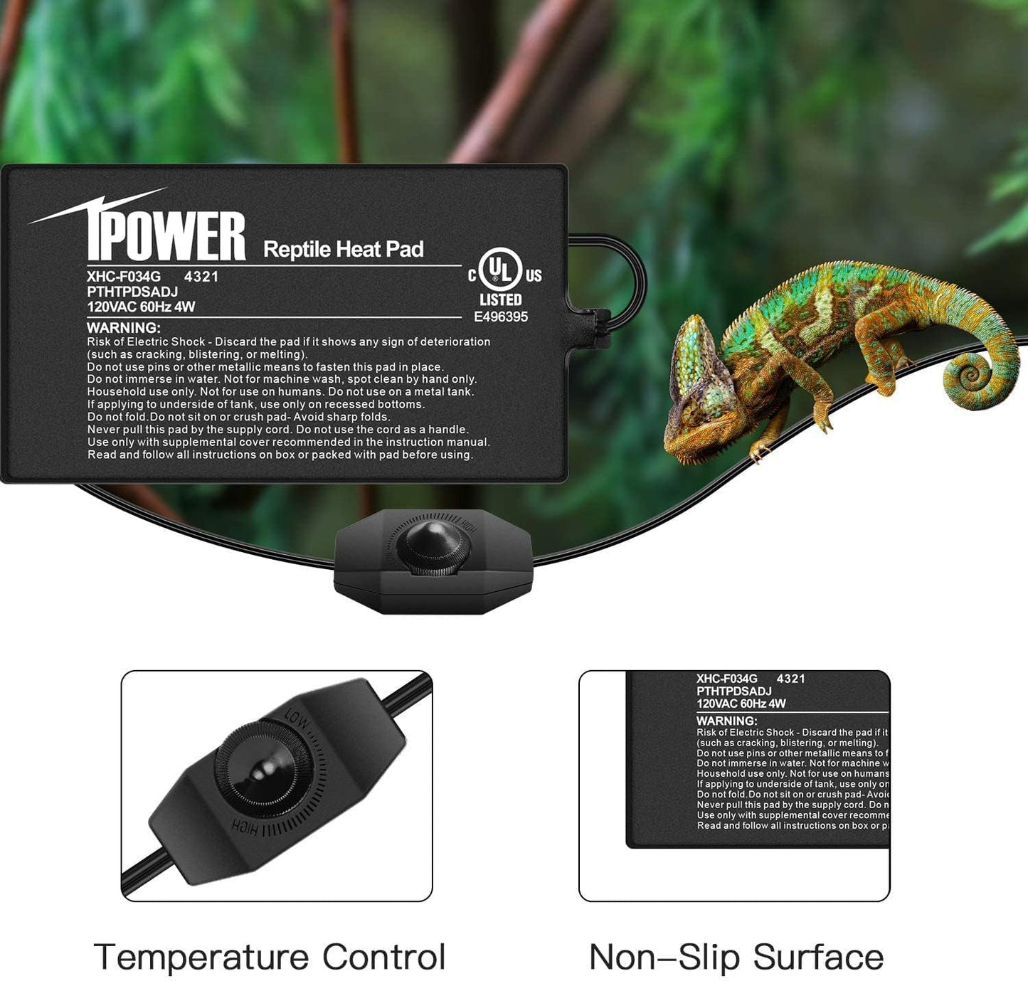 iPower 4 by 7-Inch 4 Watts Reptile Heating Mat with Temperature Controller Under Tank Warmer Terrarium Heat Pad for Reptiles and Amphibians, Black