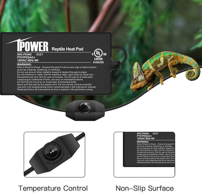 iPower 4 by 7-Inch 4 Watts Reptile Heating Mat with Temperature Controller Under Tank Warmer Terrarium Heat Pad for Reptiles and Amphibians, Black