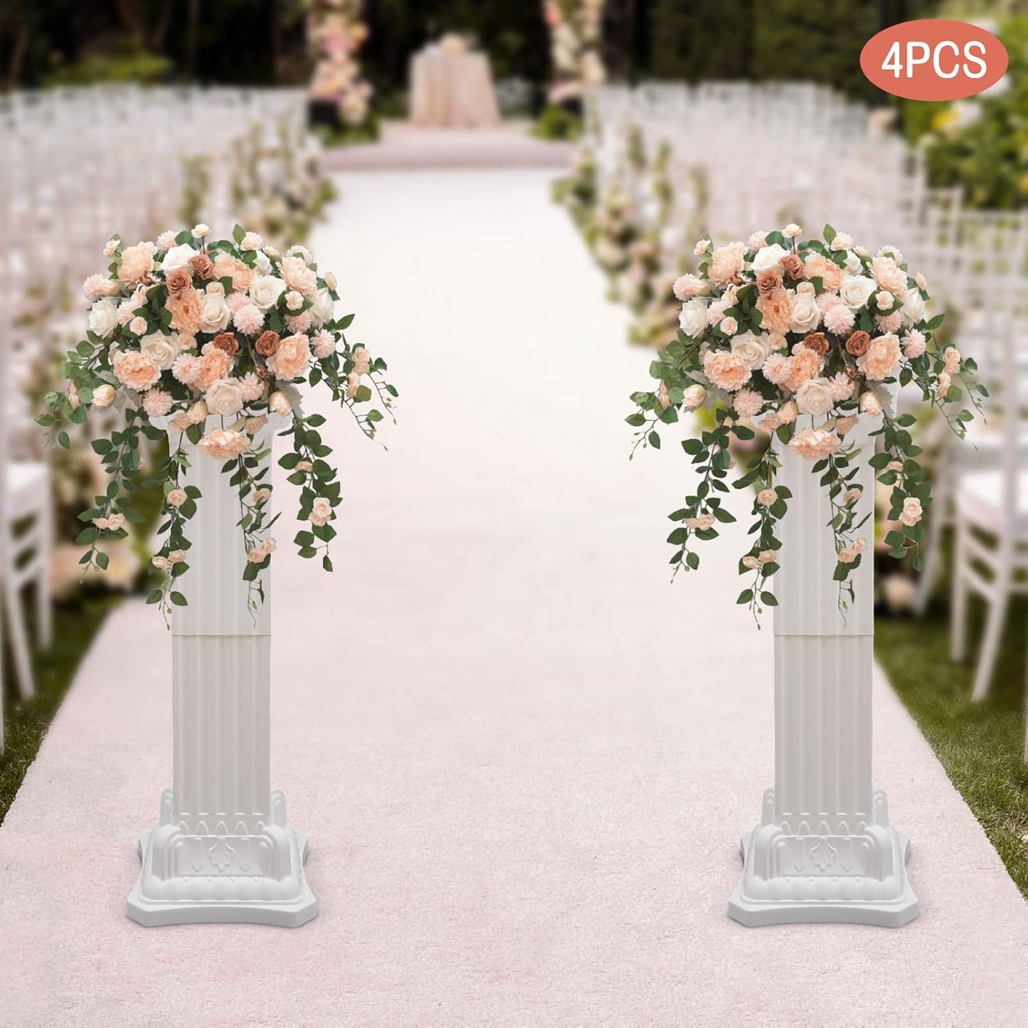 Roman Column Pedestal, Plastic White Columns for Weddings Indoor/Outdoor Roman Pillar Stand for Table Sculptures, Vase, Garden Decor (4PCS, 11.8 x 35.4 Ihch Square)