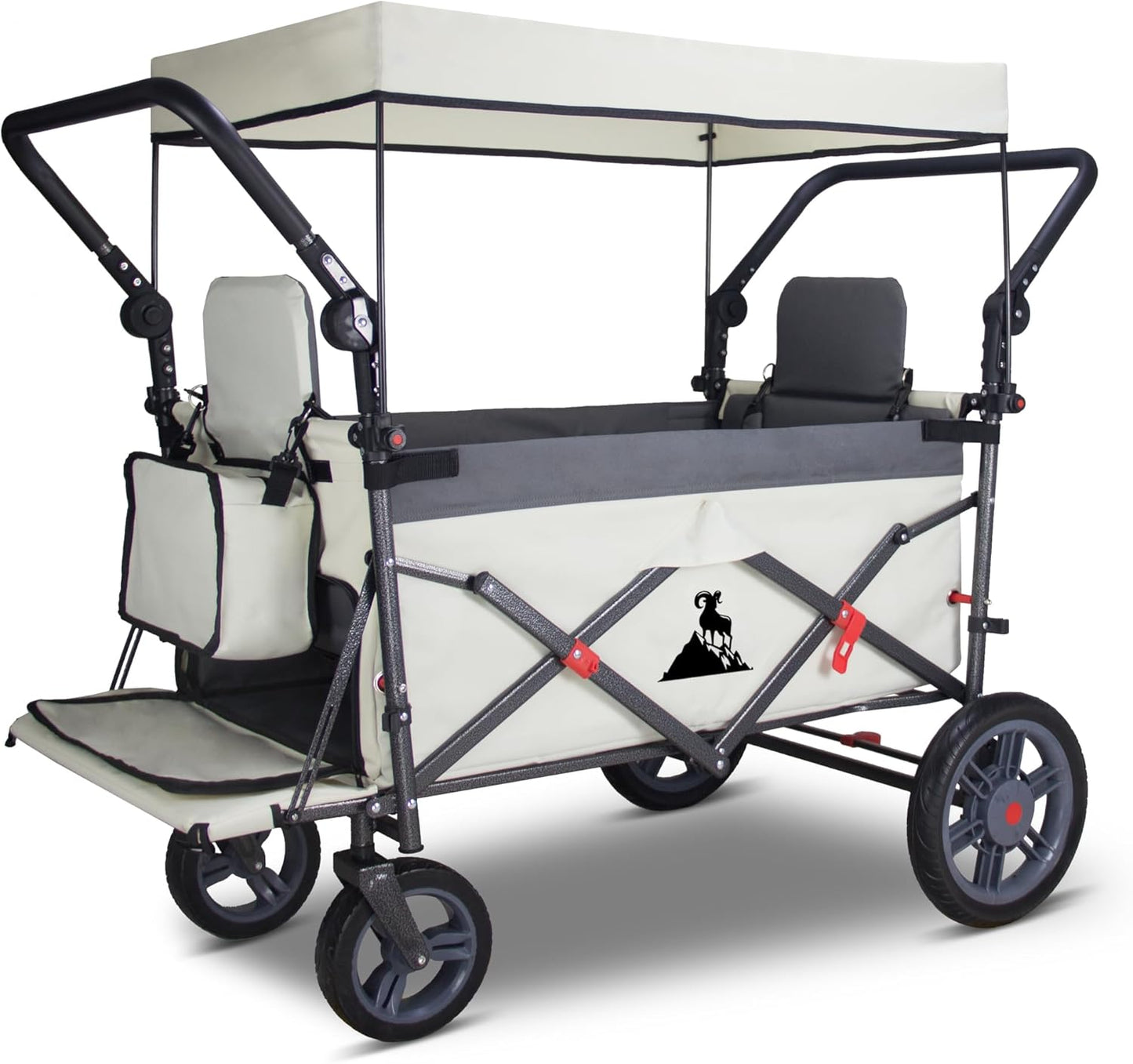 Foldable Wagon with Canopy - Collapsible Utility Cart with 2 Seats & Belts, Adjustable Handle, Expandable Front for Camping, Picnic, Shopping (Beige/Grey)