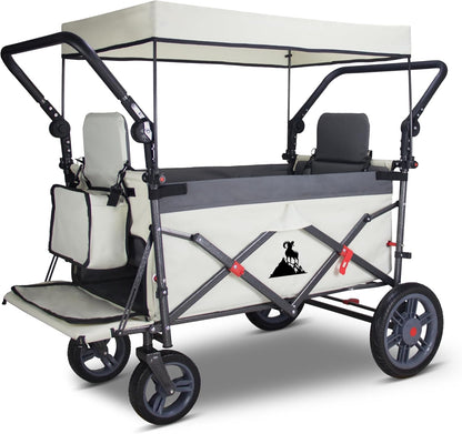 Foldable Wagon with Canopy - Collapsible Utility Cart with 2 Seats & Belts, Adjustable Handle, Expandable Front for Camping, Picnic, Shopping (Beige/Grey)