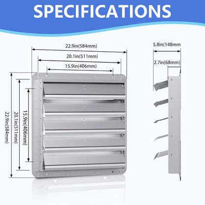20 Inch Galvanized Shutter Exhaust Louver Vent, Automatic Gravity Shutter Louver Vent for Home Attics, Workshops, Barn, Greenhouse (Motor&Blades are not Included)