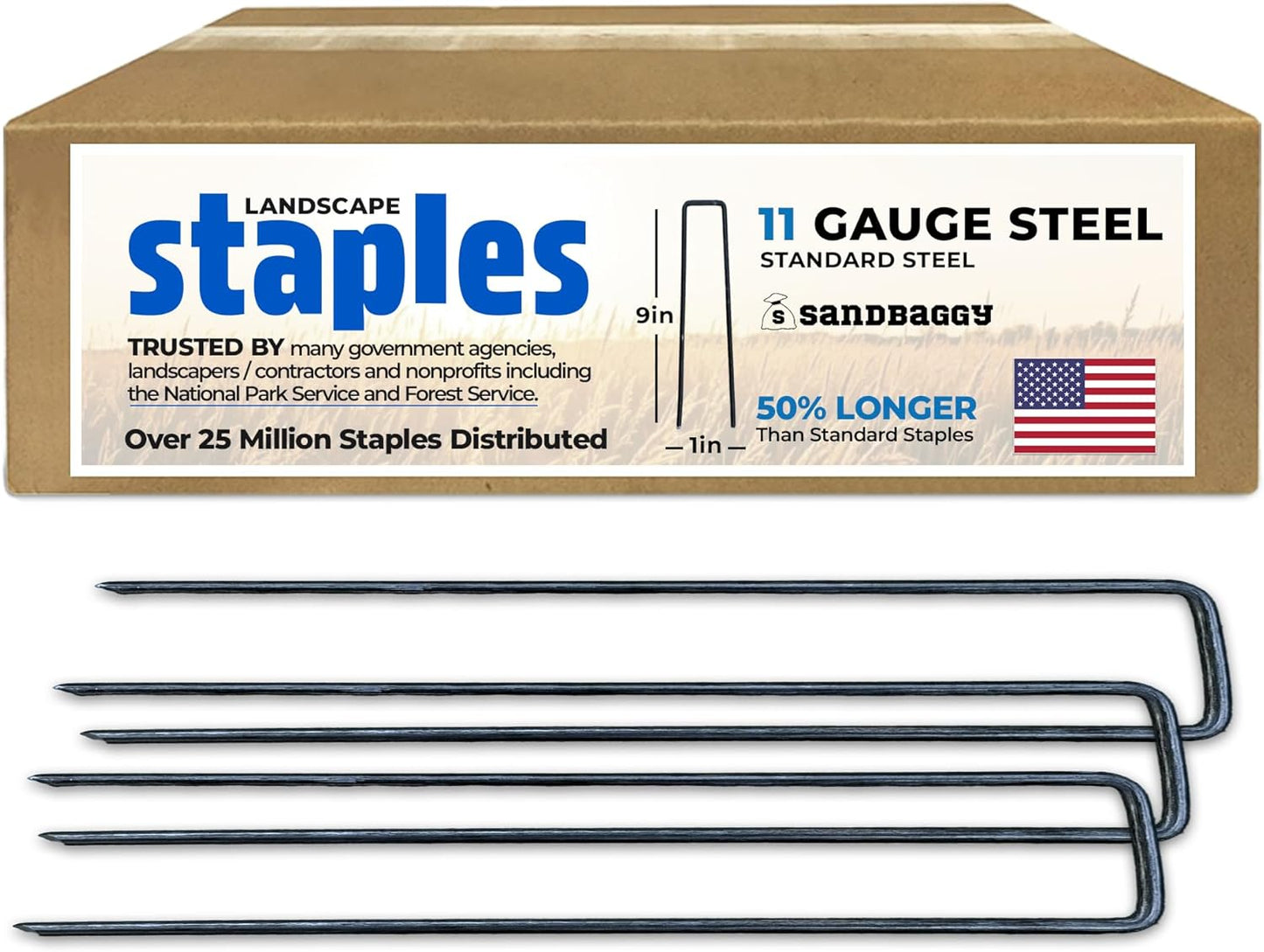 Sandbaggy USA Made 9-inch Landscape Staples - Garden Stakes - Landscaping Fabric, Netting, Sod, Artificial Turf (11 Gauge, 500, Count)