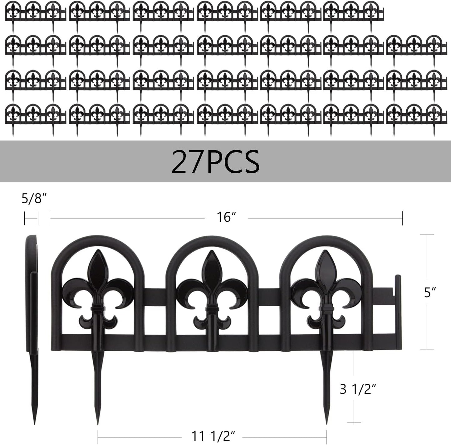 Evelyne Black Garden Border Plastic Edging: Wrought Iron Design - 27pcs Black Yard Landscaping Fence Liner Lawn Edge Barrier - 35ft Kit of Decorative Lawn Landscape Panels Elements