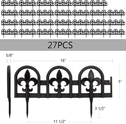 Evelyne Black Garden Border Plastic Edging: Wrought Iron Design - 27pcs Black Yard Landscaping Fence Liner Lawn Edge Barrier - 35ft Kit of Decorative Lawn Landscape Panels Elements
