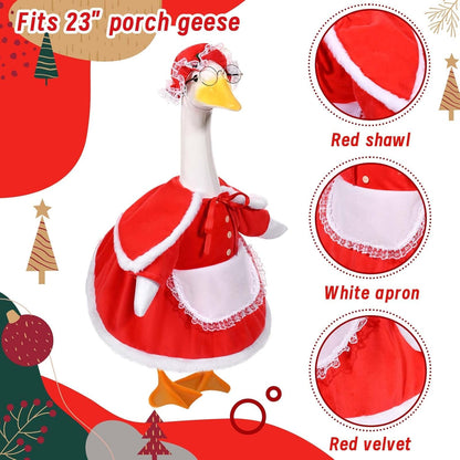 Mrs. Claus Porch Goose Outfits Christmas Lawn Goose Clothes Fits 23" Cement Plastic Goose Statue for Christmas Outdoor Garden Yard Patio Statue Art Decoration