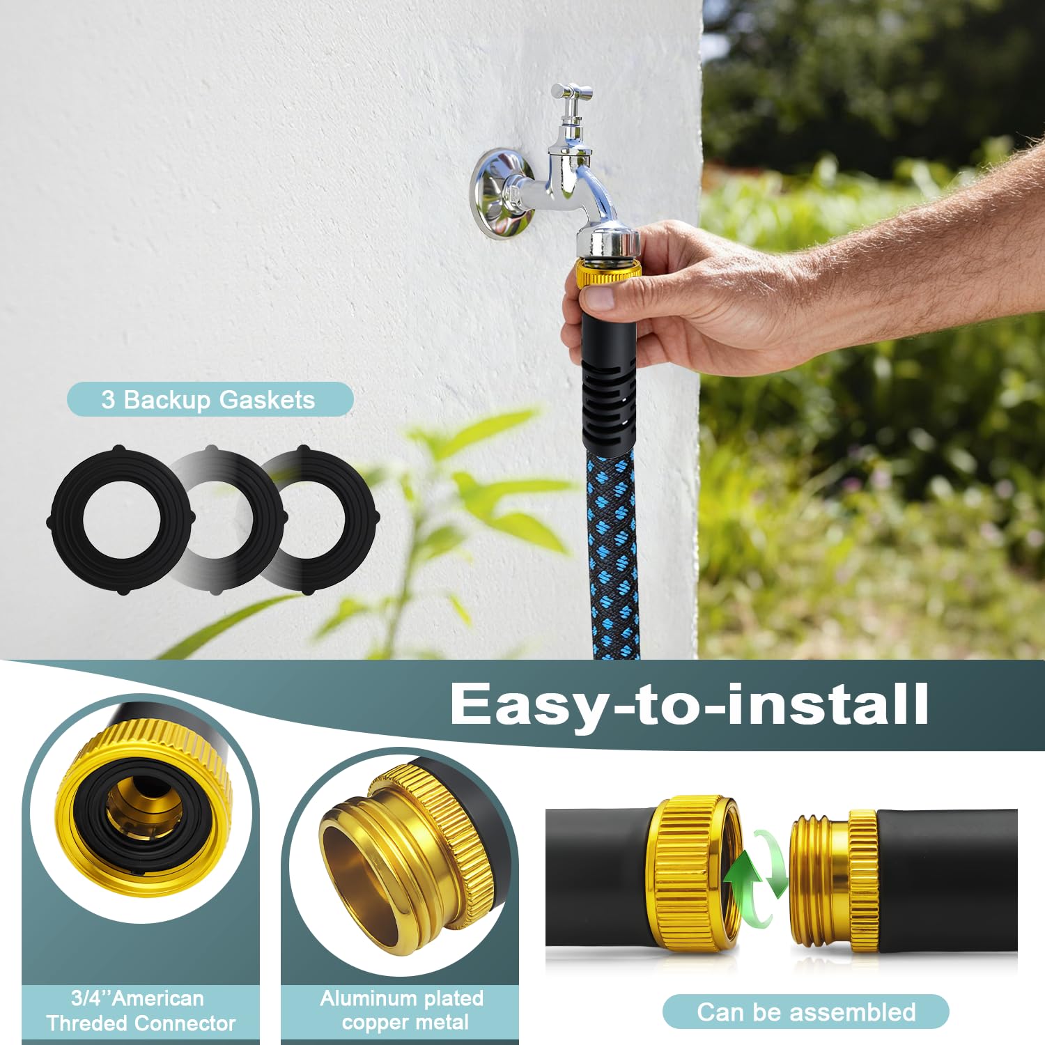 Garden Hose 50ft, Non-Expanding Water Hose Ultra Lightweight, Kink-Free Flexible Hose with