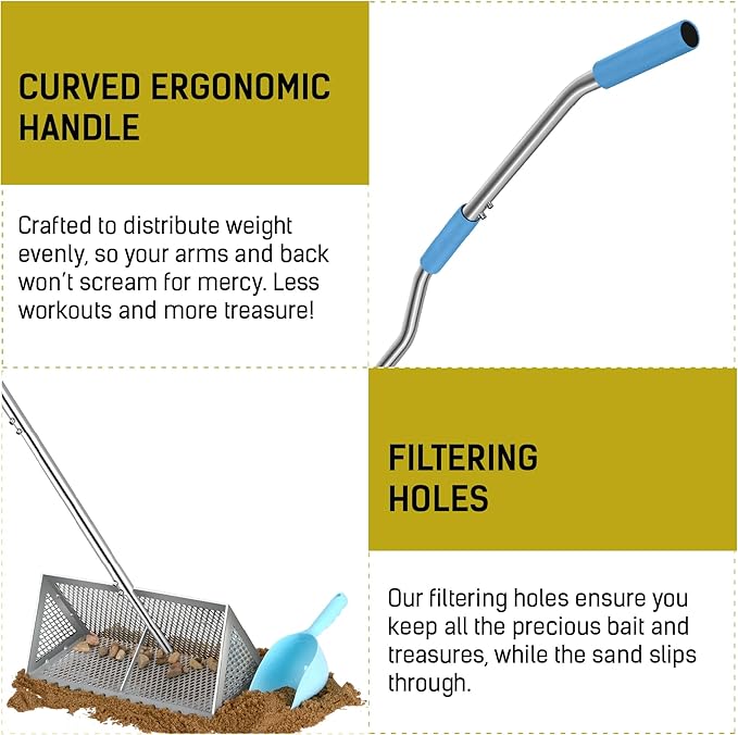 LOSTRONAUT Sand Flea Rake Pro, 52" Heavy Duty Beach Rake with Large 16" Basket, Sand Crab Catcher with Non-Slip Comfy Ergonomic Handle for Collecting Fleas, Shark Teeth, and Seashells - Beach Sifter