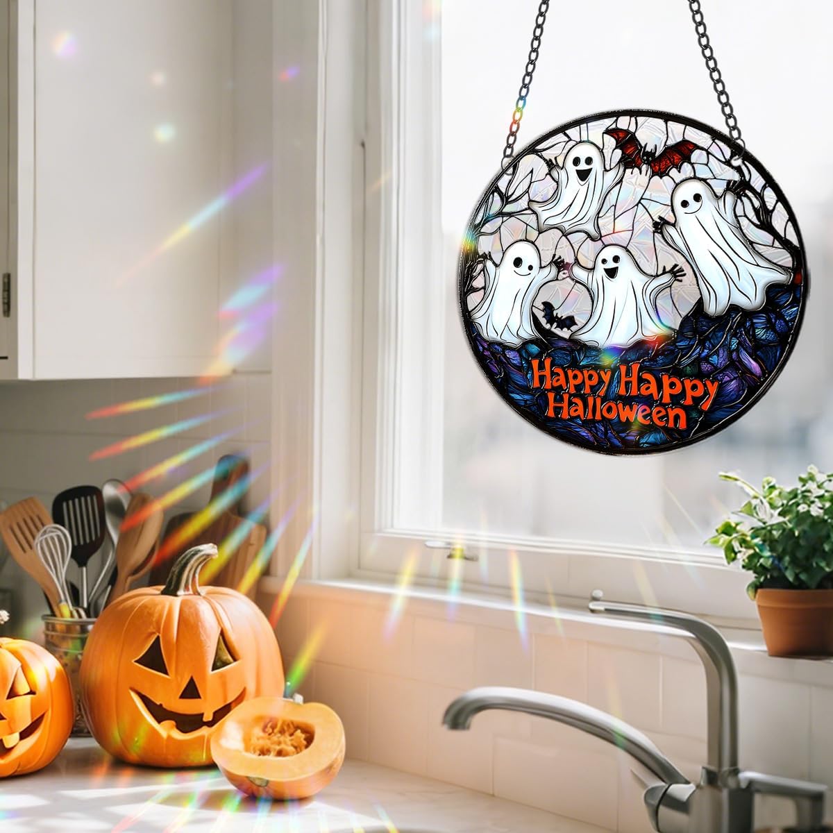 Halloween Sun Catcher - 8 Inch Round Suncatcher for Window Hanging Decoration - Creates Indoor Rainbows Light Refraction - Spooky Ghost, Witch, Pumpkin Design - Suction Cup Hook & Chain