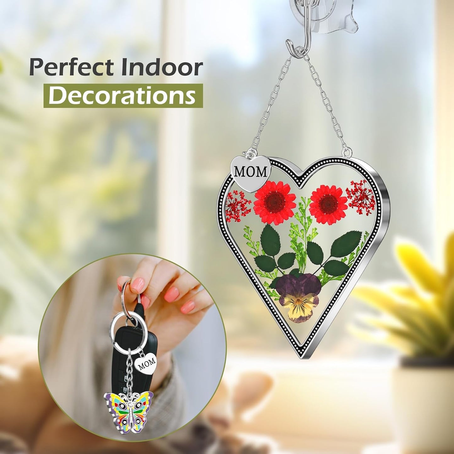 KY&BOSAM Heart Suncatcher for Windows Hangings Mom Stained Glass Butterfly Suncatchers Pressed Flower Between Heart in Glass and Metal Charm Gifts for Mom Mother's Day Valentine's Birthday Christmas