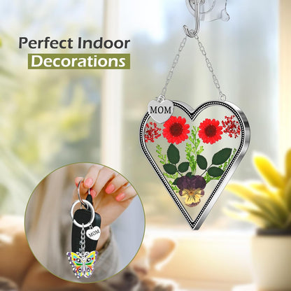 KY&BOSAM Heart Suncatcher for Windows Hangings Mom Stained Glass Butterfly Suncatchers Pressed Flower Between Heart in Glass and Metal Charm Gifts for Mom Mother's Day Valentine's Birthday Christmas