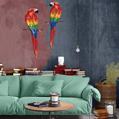 Metal Outdoor Wall Art Decor,3D Colorful Garden Birds Sculpture Outdoor Iron Hanging Parrot Decor, Metal Hand-Made Bird Wall Art Decorations for Fence Patio Balcony Living Room