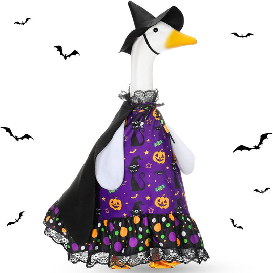 Halloween Porch Goose Outfit Set for 23'' Plastic Lawn Goose Statue Clothes Witch Skirt Halloween Costume for Outdoor Patio Yard Lawn Art Decor