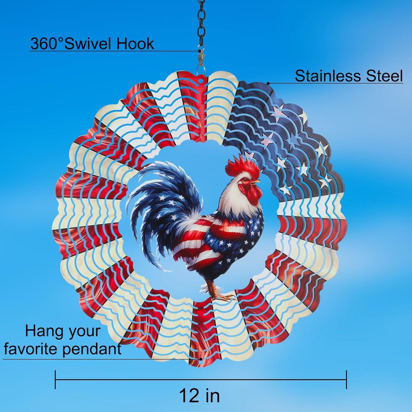 Rooster Metal Wind Spinners for Outdoor,Birthday Gifts for Women Mom Grandma, 12 Inch Garden Decor American Flag Wind Spinner Bird Devices Deterrent to Scare Birds Away from Yard Patio Farm(Chicken)
