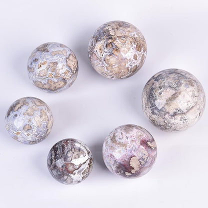 JIC Gem Large Blue Cherry Blossom Agate Crystal Ball with Stand Crystal Sphere Natural Sakura Flower Agate Stone Reiki Healing Meditation Witchcraft Home Decor 3.1-3.5 inch(80-90mm)