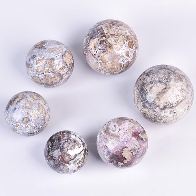 JIC Gem Large Blue Cherry Blossom Agate Crystal Ball with Stand Crystal Sphere Natural Sakura Flower Agate Stone Reiki Healing Meditation Witchcraft Home Decor 4 inch(100mm)