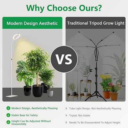 Full Spectrum Grow Light with Stand for Indoor Plants, Floor Plant Light, 6/12/18H Timer, 3 Color Modes, Adjustable Height 16.5–68in, for Large Plants & Home Décor(1 Head,White)