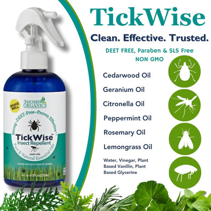 3 Moms Organics TickWise 8oz, Made with All Natural Essential Oils, DEET-Free, Tick and Insect Repellent, Plant Based Essential Oils, All Natural Ingredients Great for Adults, Kids, Dogs & Horses