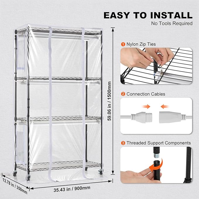 VEVOR Plant Stand with Grow Light, Grow Light Shelf with Cover and Thermometer, 4 Tiers 180W Plant Shelf with Grow Light, Full Spectrum Light Mini Greenhouse Plant Stand with Timer for Seed Starting