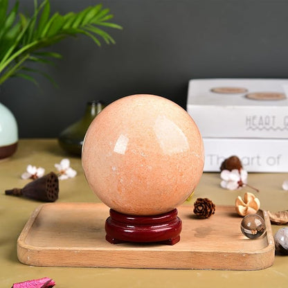 JIC Gem Big Sparkling Quartz Crystal Ball Sunstone Healing Crystal Gemstone Sphere with Decorative Wooden Stand for Meditation Gifts Decoration (80-90mm)