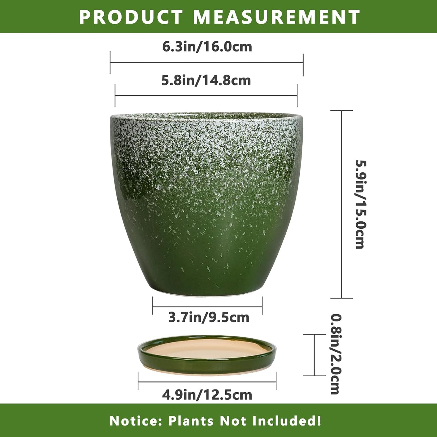 Ceraimc Plant Pot - 6 Inch Planter with Drainage and Plant Tray, Round Succulent Planters, Decorative Flower Pot for Indoor, Room Office Patio House Decor, Gifts for Women Men, Green