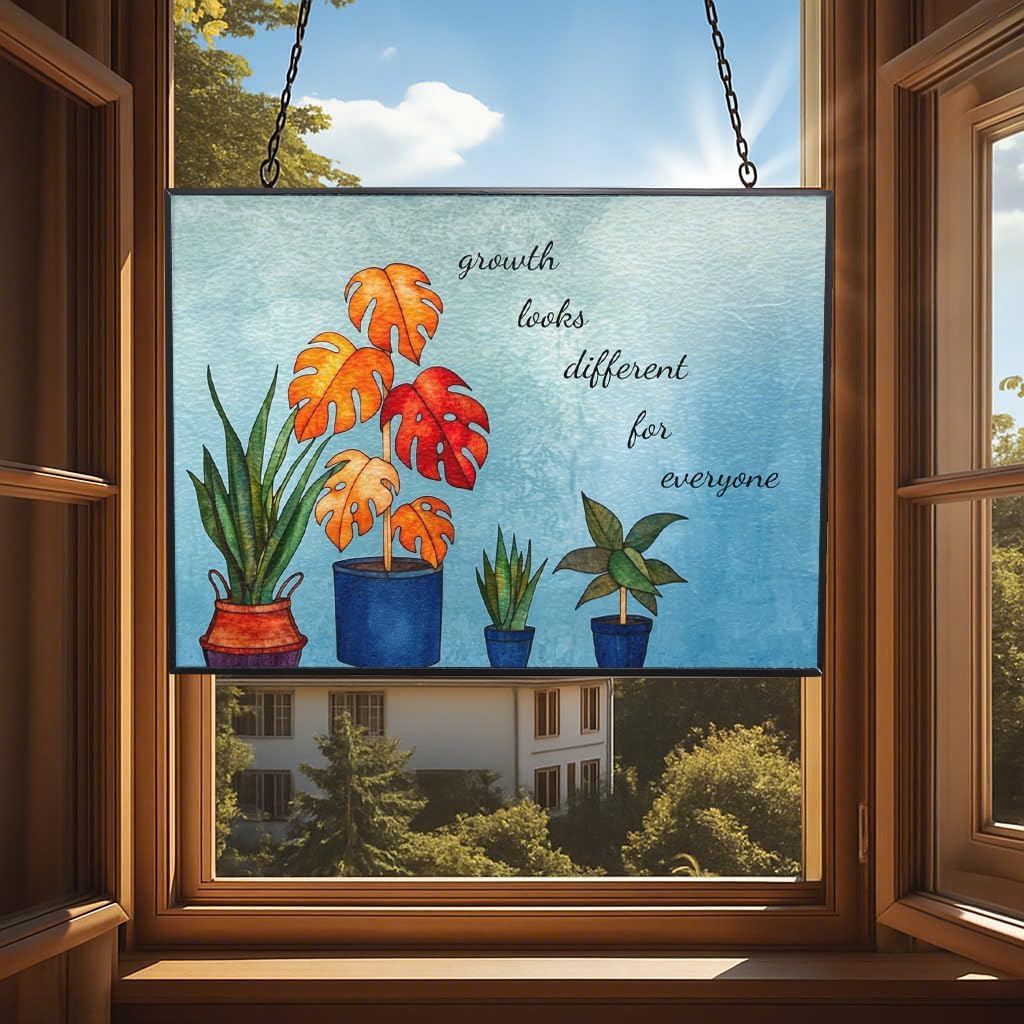 Customized Rectangle Mental Health Poster for Therapy, Motivational Stained Glass Window Hangings, Handcrafted Stained Glass Suncatchers, Gift for Cat Lovers Nature Lovers 15"x11"