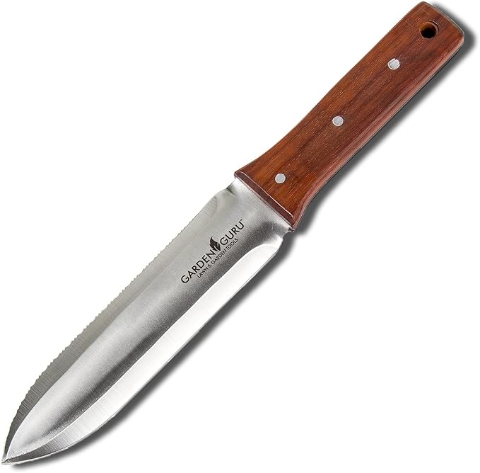 Garden Guru Hori Hori Garden Knife Supreme Set for Weeding, Digging, Pruning, and Cultivating - Stainless Steel Full Tang Blade | Marks for Measuring Planting Depth | Premium Leather Sheath