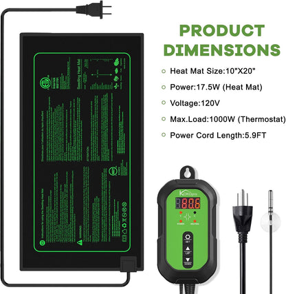 10"x 20" Seedling Heat Mat and Digital Thermostat Combo Set - KOKOPRO Warm Hydroponic Heating Pad for Seed Germination Indoor Gardening Greenhouse for Reptiles Seedlings Incubation Fermentation