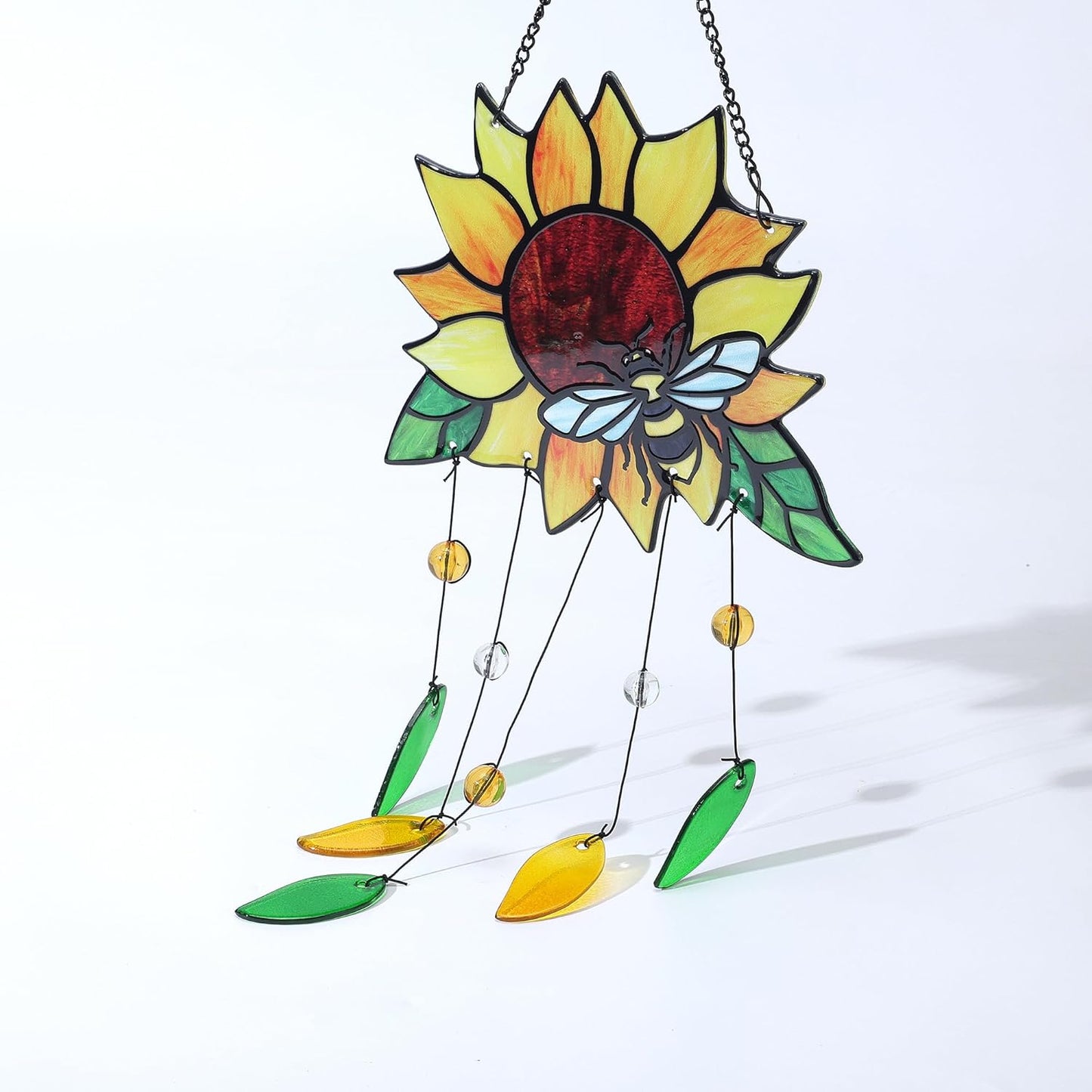 Stained Glass Suncatcher, Sunflower and Ladybug Window Hanging, 20 x 8 inches, Hand-Painted (Style 2)
