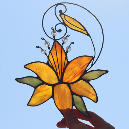 Orange Tiger Lily Flower Gift for Her Women, Love Gift Stained Glass Window Hanging Floral Suncatcher for Mother's Day Birthday, Valentine Day Gifts for Women Girlfriend